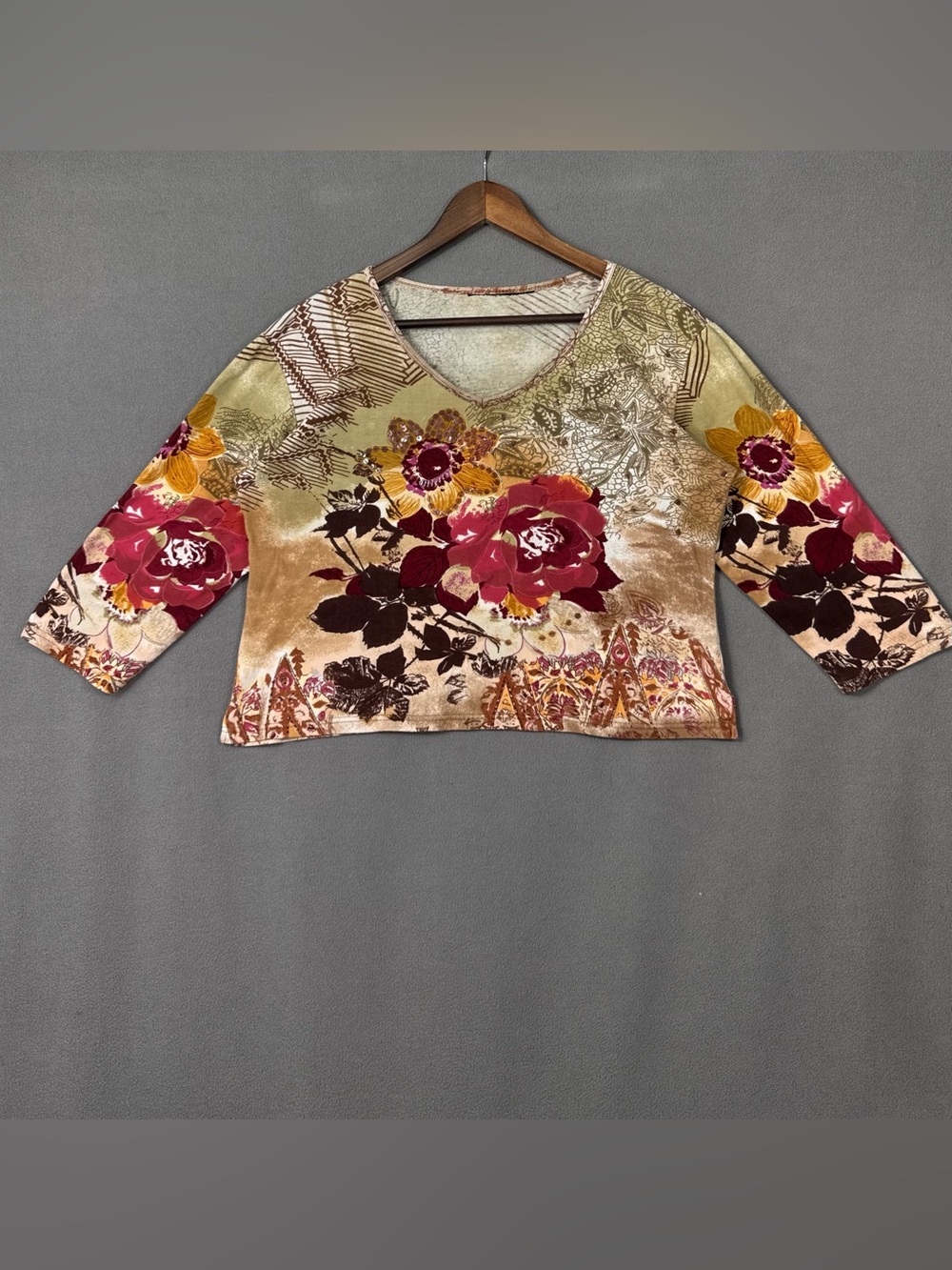 Y2K Vintage Romantic Floral Cropped 3/4 Sleeve V-Neck Top with Sequins, XL